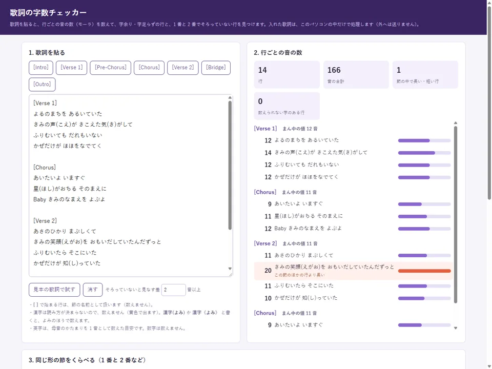 歌詞の字数チェッカーの画面